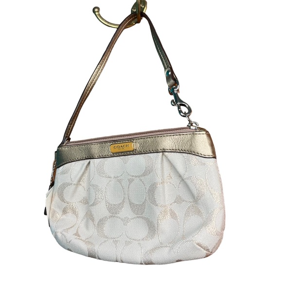 Coach Metallic Gold/Khaki Signature Pleated Wristlet Handbag New - Picture 9 of 10